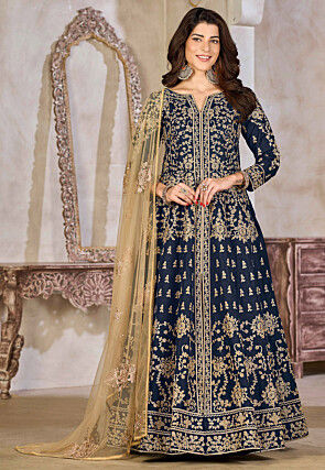 Embroidered Art Silk Abaya Style Suit in Navy Blue