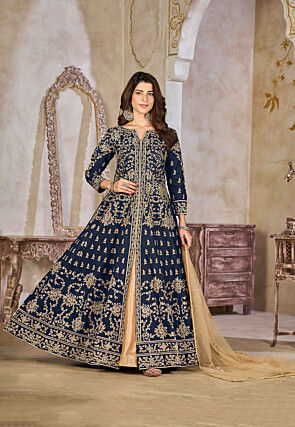 Embroidered Art Silk Abaya Style Suit in Navy Blue