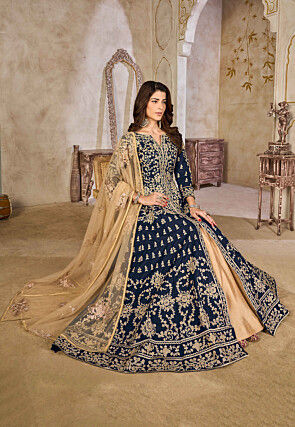 Embroidered Art Silk Abaya Style Suit in Navy Blue
