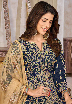 Embroidered Art Silk Abaya Style Suit in Navy Blue