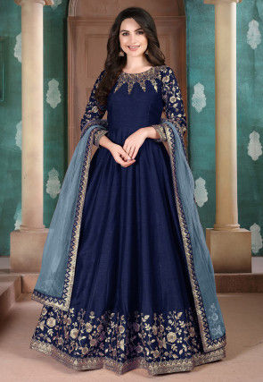 Embroidered Art Silk Abaya Style Suit in Navy Blue