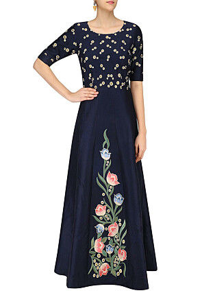 Embroidered Art Silk Abaya Style Suit in Navy Blue