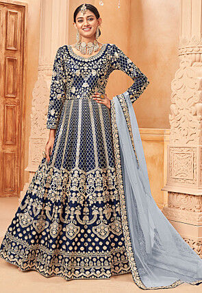 Embroidered Art Silk Abaya Style Suit in Navy Blue