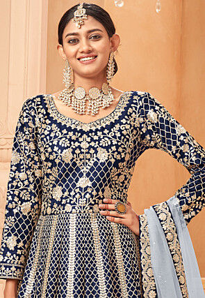 Embroidered Art Silk Abaya Style Suit in Navy Blue