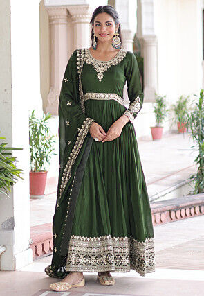 Embroidered Art Silk Abaya Style Suit in Olive Green