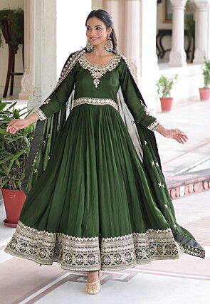 Embroidered Art Silk Abaya Style Suit in Olive Green
