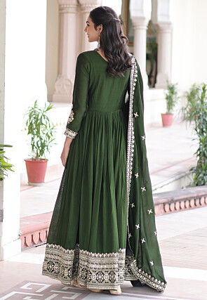 Embroidered Art Silk Abaya Style Suit in Olive Green