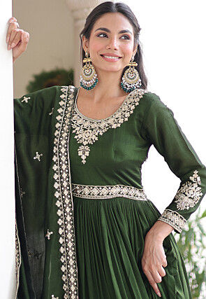 Embroidered Art Silk Abaya Style Suit in Olive Green
