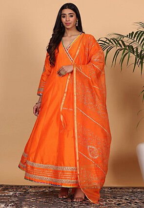 Embroidered Art Silk Abaya Style Suit in Orange