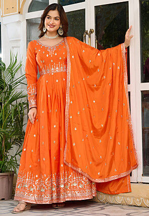 Embroidered Art Silk Abaya Style Suit in Orange