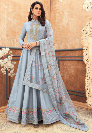 Embroidered Art Silk Abaya Style Suit in Pastel Blue