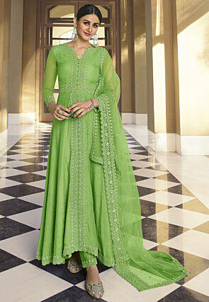 Embroidered Art Silk Abaya Style Suit in Pastel Green