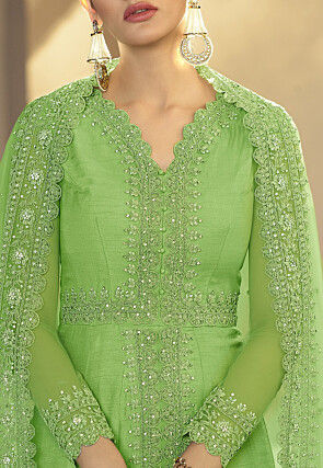 Embroidered Art Silk Abaya Style Suit in Pastel Green