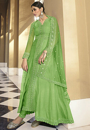 Embroidered Art Silk Abaya Style Suit in Pastel Green