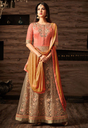 Embroidered Art Silk Abaya Style Suit in Peach and Beige