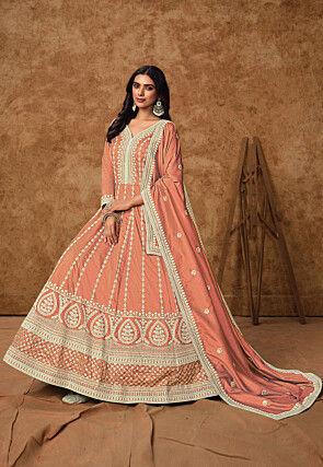 Embroidered Art Silk Abaya Style Suit in Peach
