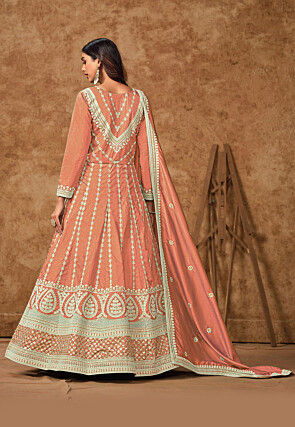 Embroidered Art Silk Abaya Style Suit in Peach