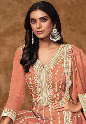 Embroidered Art Silk Abaya Style Suit in Peach