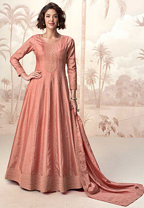 Embroidered Art Silk Abaya Style Suit in Peach