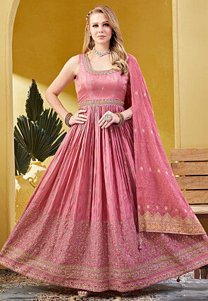 Embroidered Art Silk Abaya Style Suit in Pink