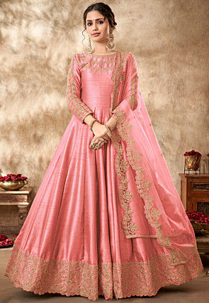 Embroidered Art Silk Abaya Style Suit in Pink