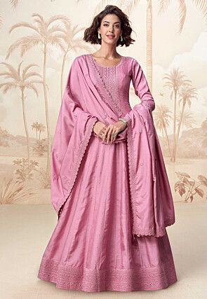Embroidered Art Silk Abaya Style Suit in Pink