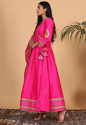Embroidered Art Silk Abaya Style Suit in Pink