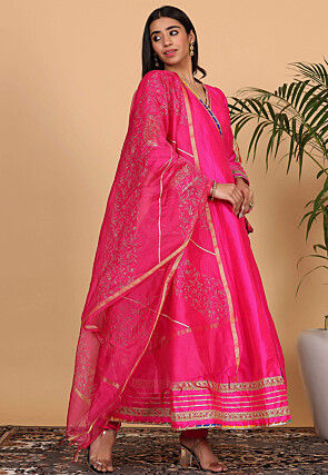 Embroidered Art Silk Abaya Style Suit in Pink