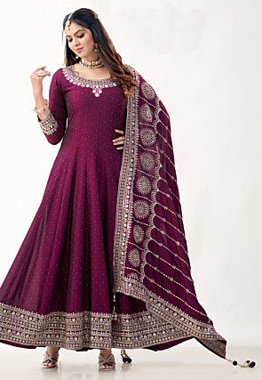 Embroidered Art Silk Abaya Style Suit in Purple