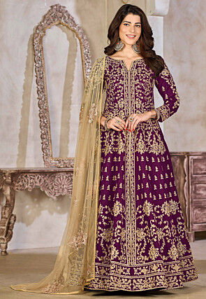 Embroidered Art Silk Abaya Style Suit in Purple