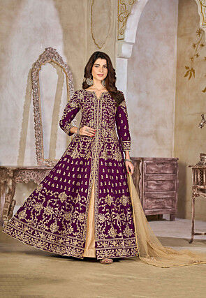 Embroidered Art Silk Abaya Style Suit in Purple