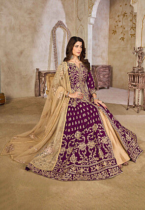 Embroidered Art Silk Abaya Style Suit in Purple