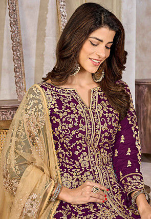 Embroidered Art Silk Abaya Style Suit in Purple