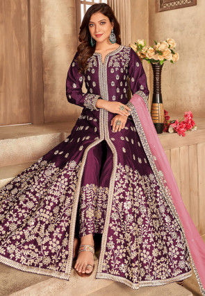 Embroidered Art Silk Abaya Style Suit in Magenta