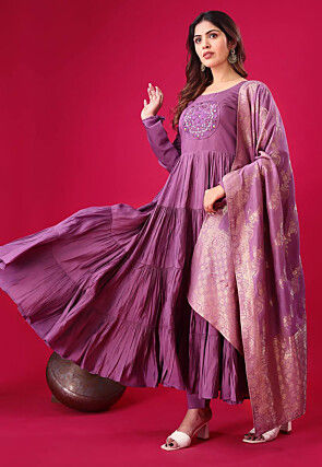 Embroidered Art Silk Abaya Style Suit in Purple