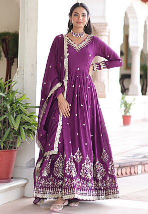 Embroidered Art Silk Abaya Style Suit in Purple