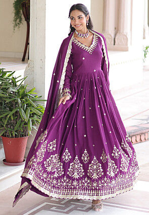 Embroidered Art Silk Abaya Style Suit in Purple