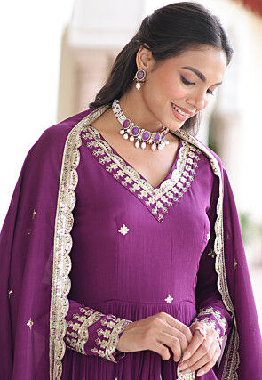 Embroidered Art Silk Abaya Style Suit in Purple