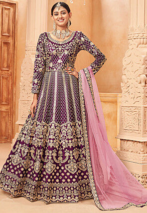 Embroidered Art Silk Abaya Style Suit in Purple