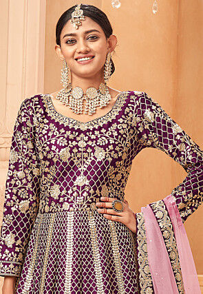 Embroidered Art Silk Abaya Style Suit in Purple