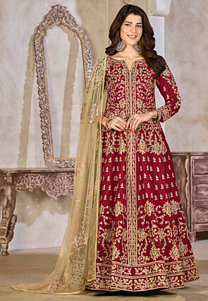 Embroidered Art Silk Abaya Style Suit in Red