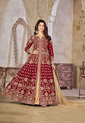 Embroidered Art Silk Abaya Style Suit in Red