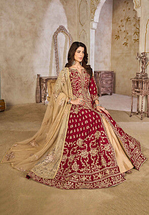 Embroidered Art Silk Abaya Style Suit in Red