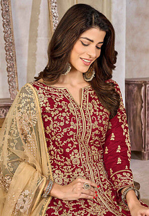 Embroidered Art Silk Abaya Style Suit in Red