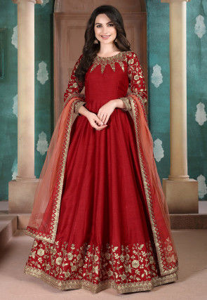 Embroidered Art Silk Abaya Style Suit in Red