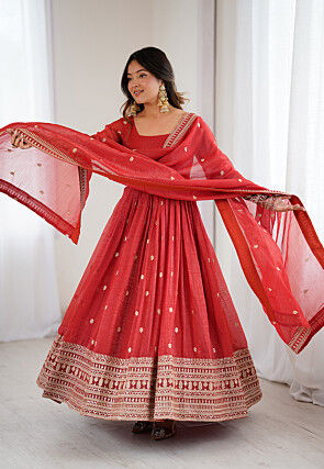 Embroidered Art Silk Abaya Style Suit in Red