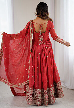 Embroidered Art Silk Abaya Style Suit in Red