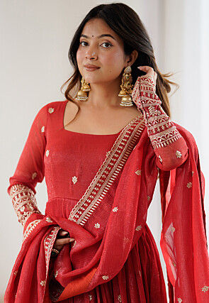 Embroidered Art Silk Abaya Style Suit in Red