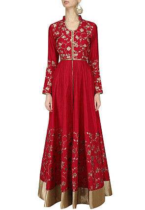 Embroidered Art Silk Abaya Style Suit in Red
