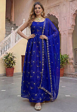 Embroidered Art Silk Abaya Style Suit in Royal Blue